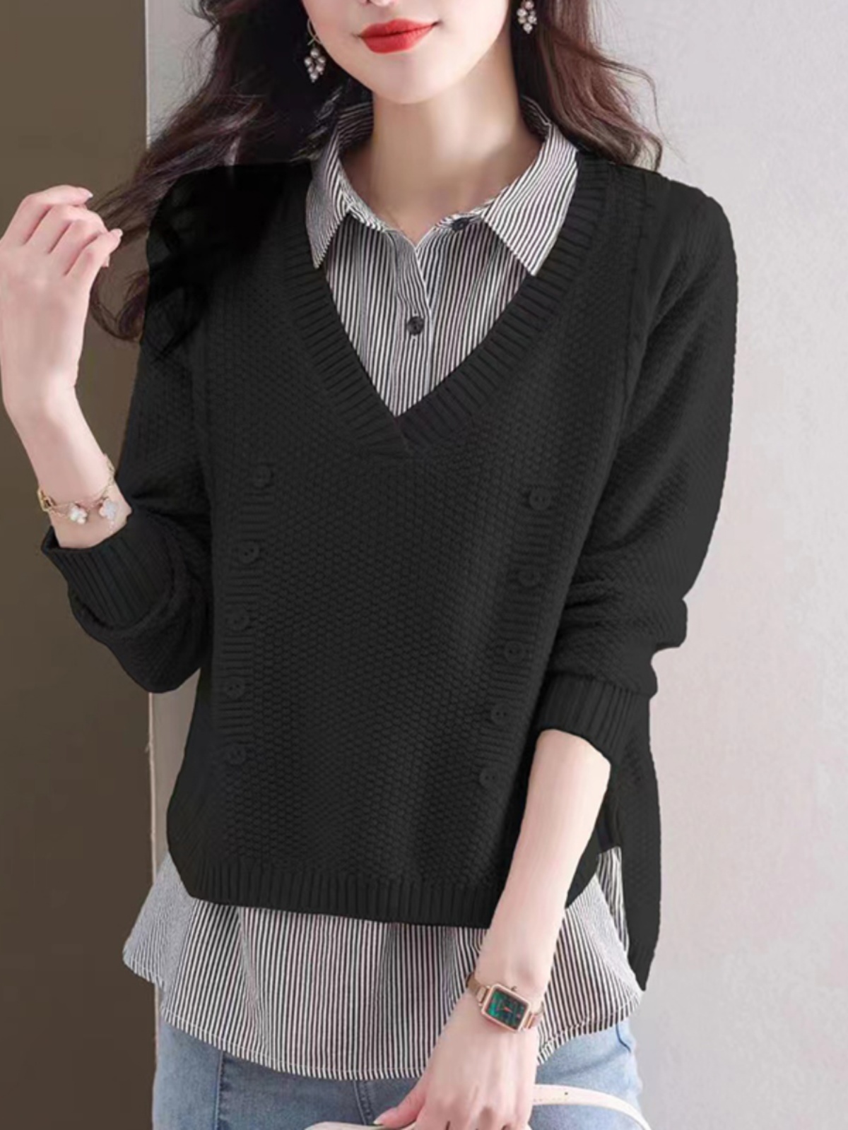 假两件衬衫女秋装2025新款设计感小众洋气宽松内搭上衣娃娃领衬衣